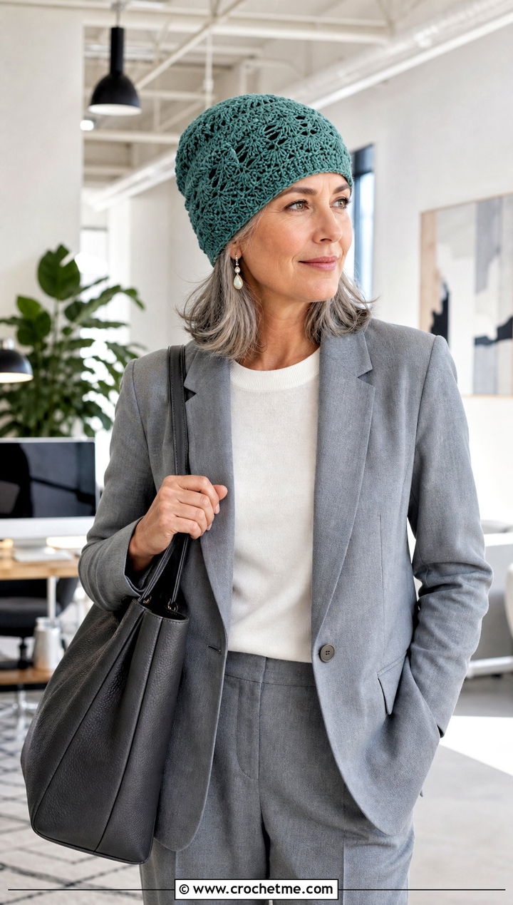 Shell Stitch Crochet Beanie With Pantsuit And Leather Sneakers - 20 unique crochet beanie outfit ideas