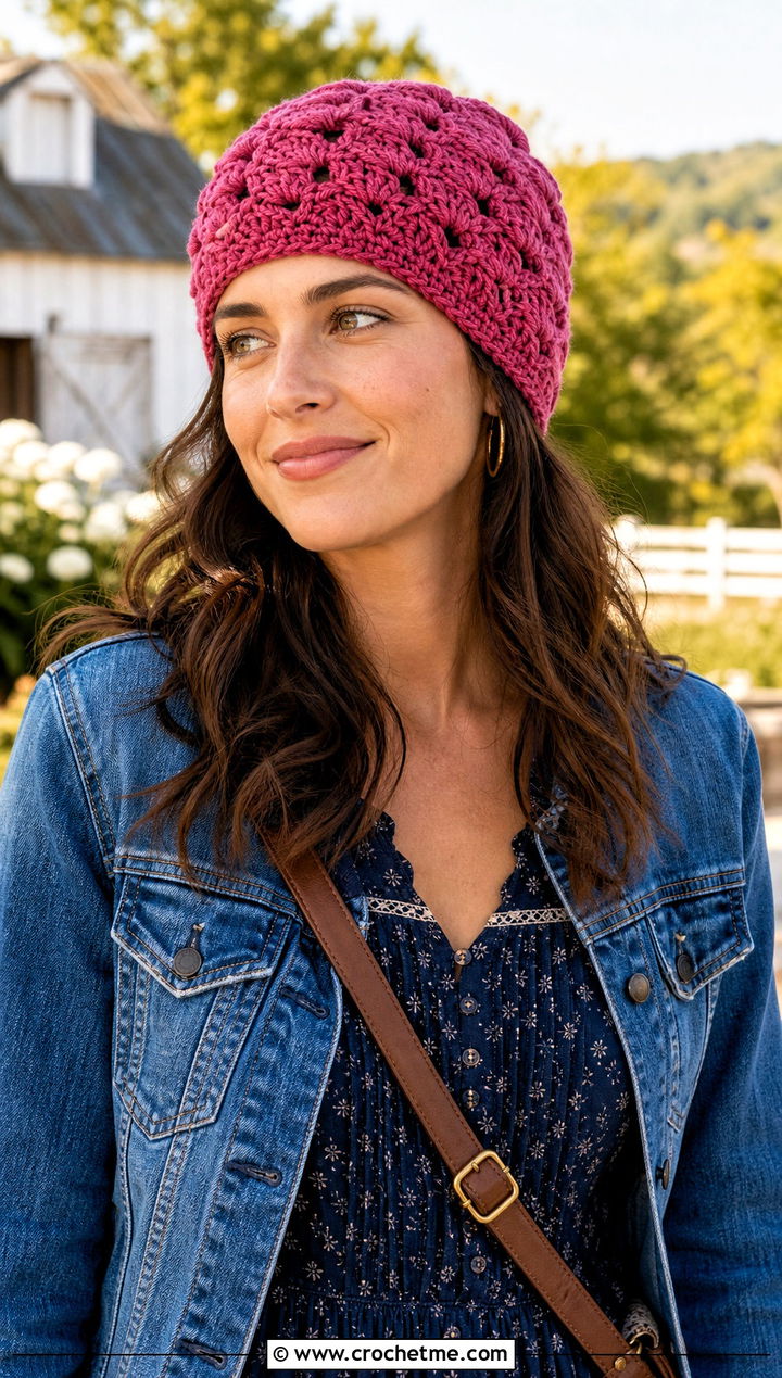 Shell Stitch Crochet Beanie With Prairie Dress And Denim Boots - 20 Boho Crochet Beanie outfit ideas