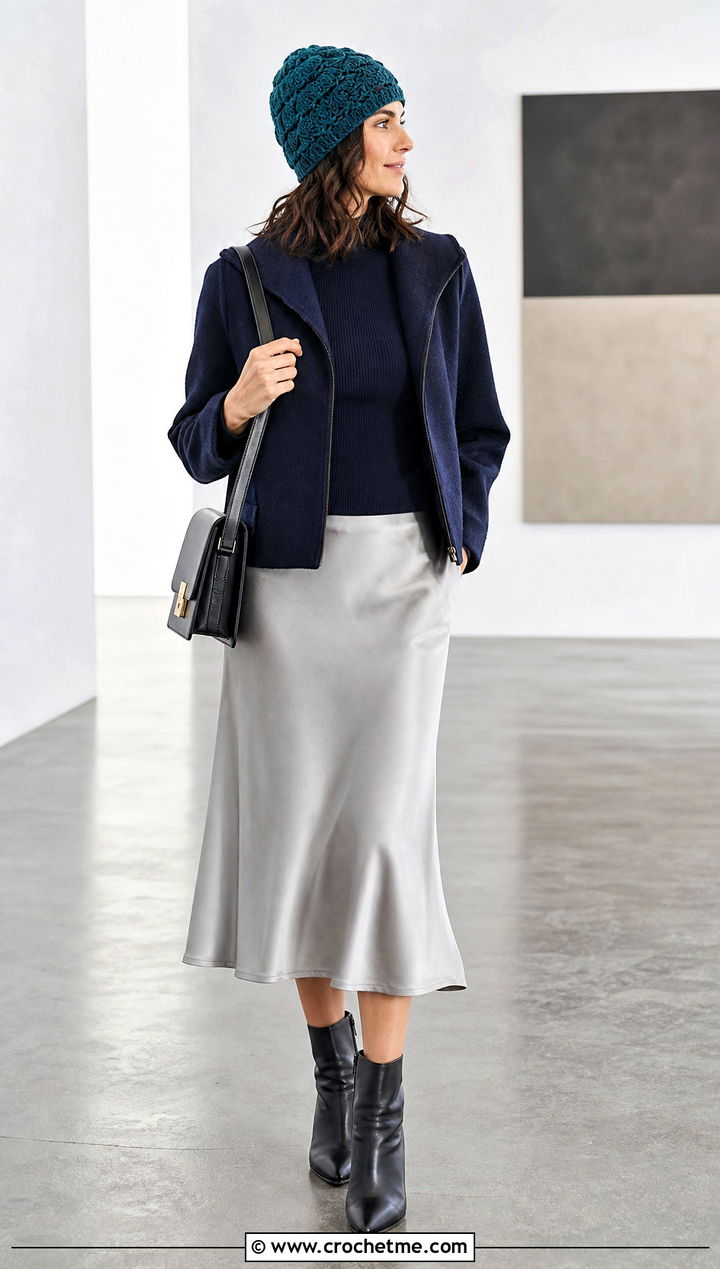 Shell Stitch Crochet Beanie With Satin Midi Skirt - 35 cute crochet beanie outfit ideas