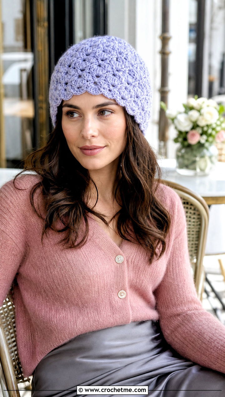 Shell Stitch Crochet Beanie With Satin Skirt - 25 Fall Crochet Beanie outfit ideas