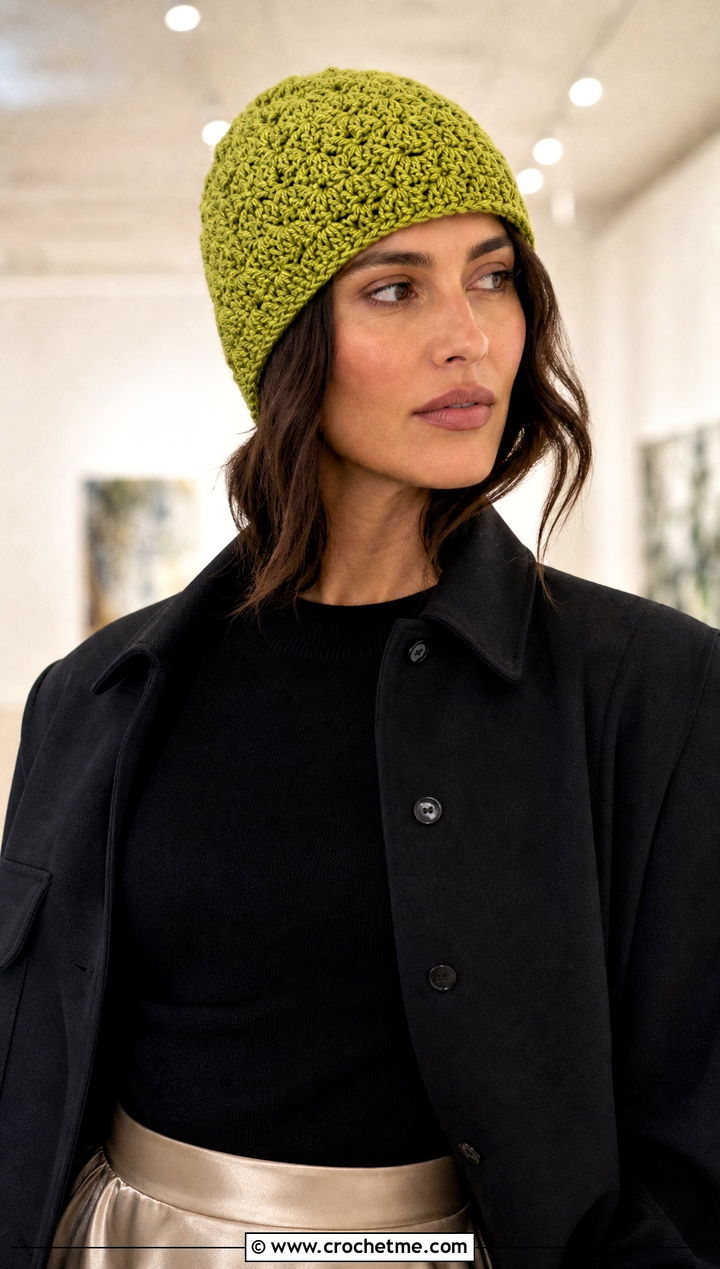 Shell Stitch Crochet Beanie With Satin Skirt - 30 crochet beanies for women outfit ideas
