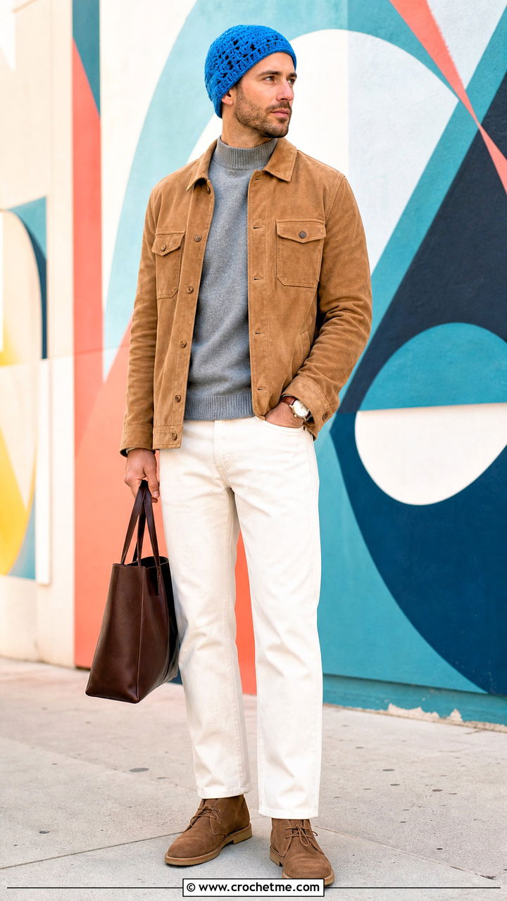 Shell Stitch Crochet Beanie With Suede Jacket And Ecru Jeans - 35 crochet beanie for men outfit ideas