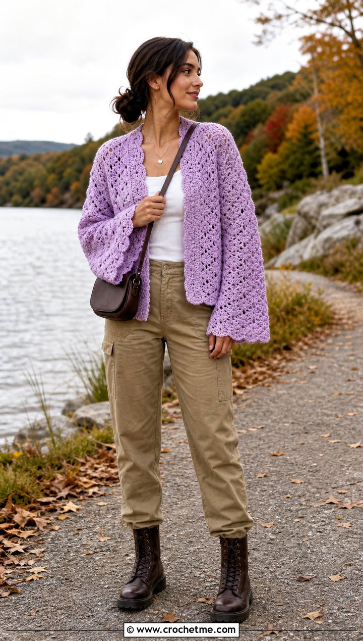 Shell Stitch Crochet Bell Sleeve Cardigan With Utility Pants - 30 crochet bell sleeve cardigan outfit ideas