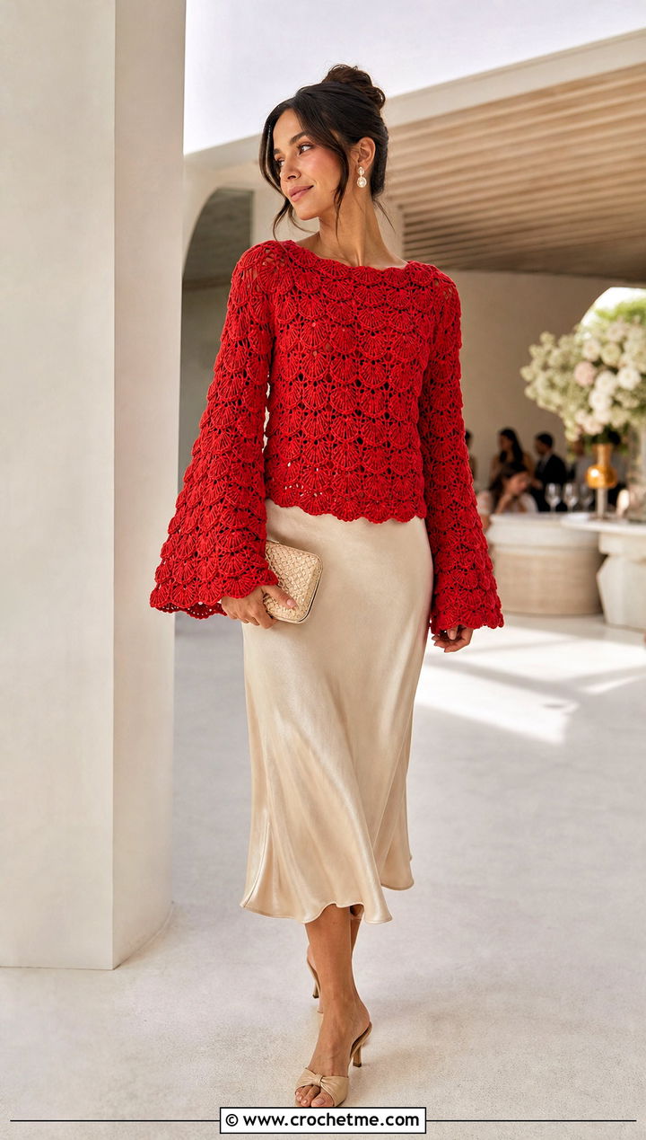 Shell Stitch Crochet Bell Sleeve Top With Satin Slip Skirt - 30 crochet top with bell sleeves outfit ideas