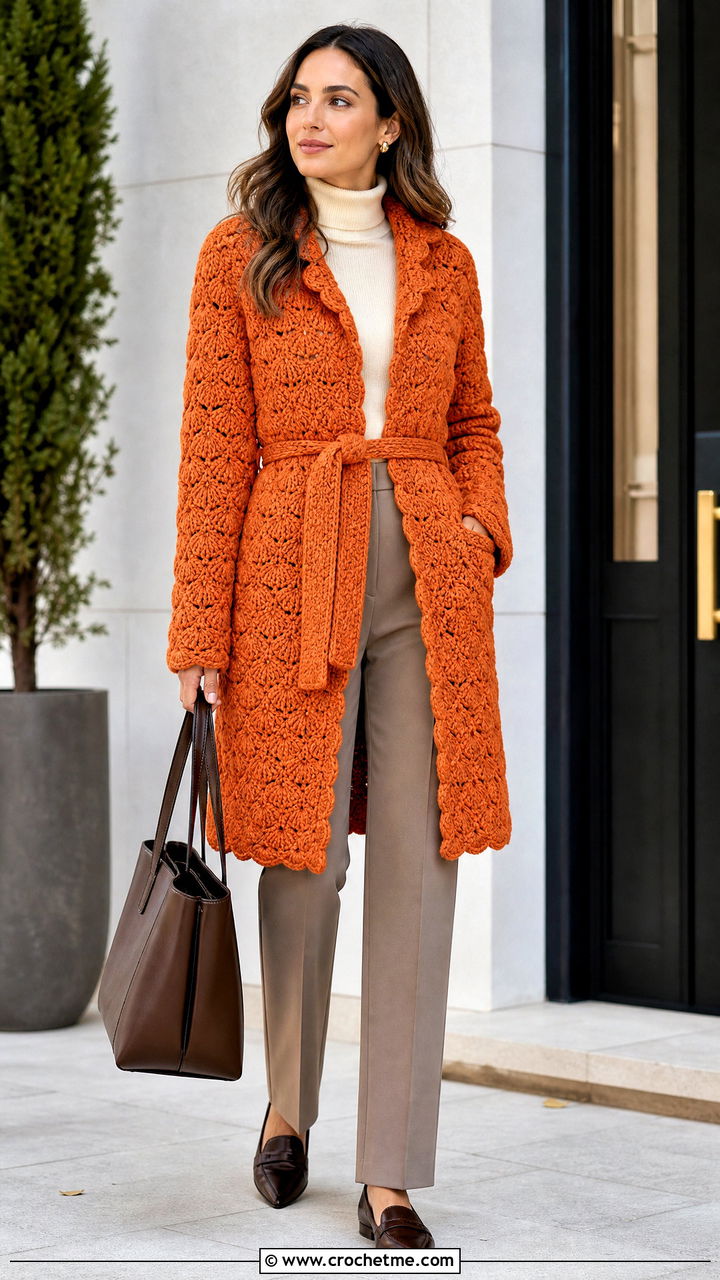 Shell Stitch Crochet Belted Coat With Turtleneck And Trousers - 35 crochet coat outfit ideas