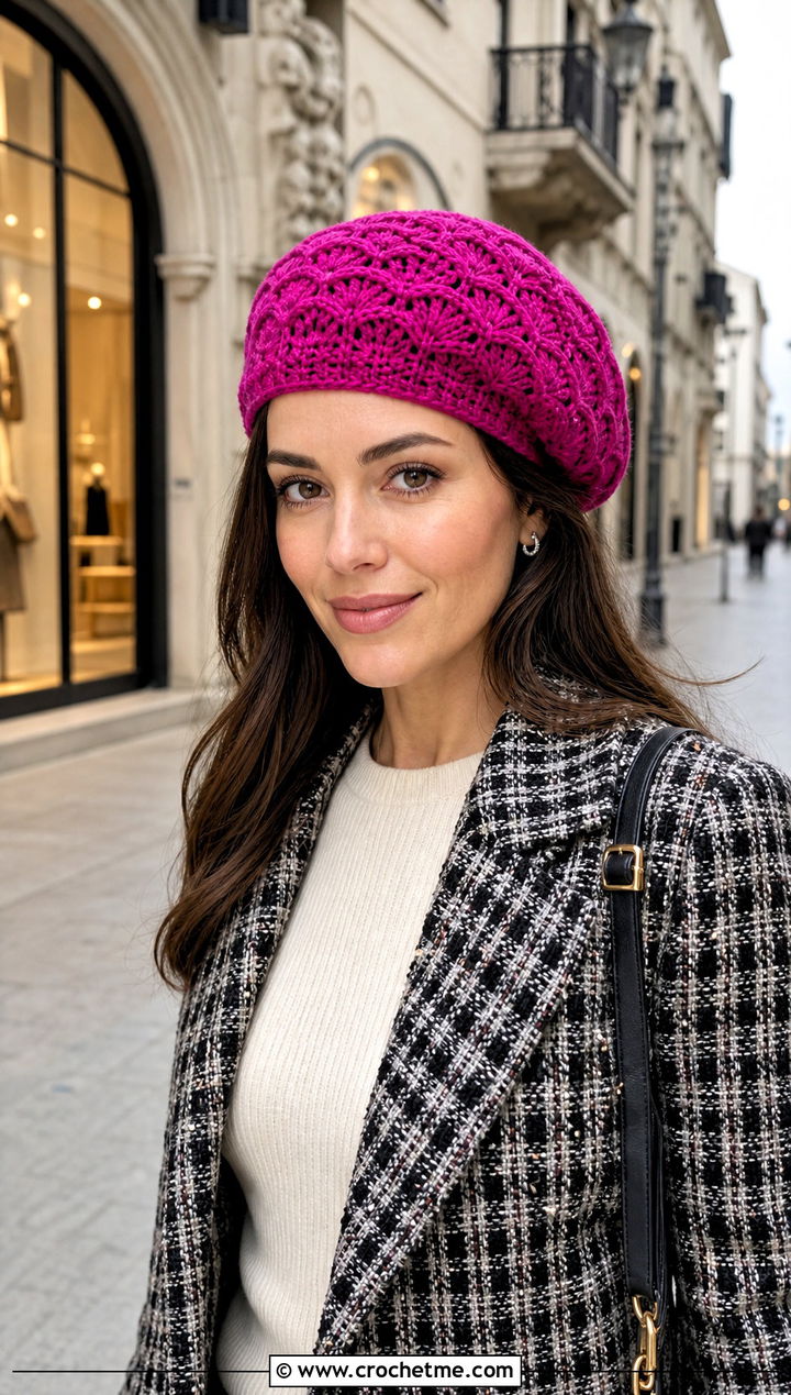 Shell Stitch Crochet Beret With Tweed Jacket - 20 crochet beret hat outfit ideas