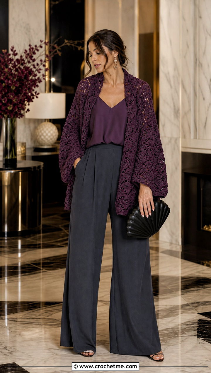 Shell Stitch Crochet Blanket Jacket With Palazzo Pants - 25 crochet blanket jacket outfit ideas