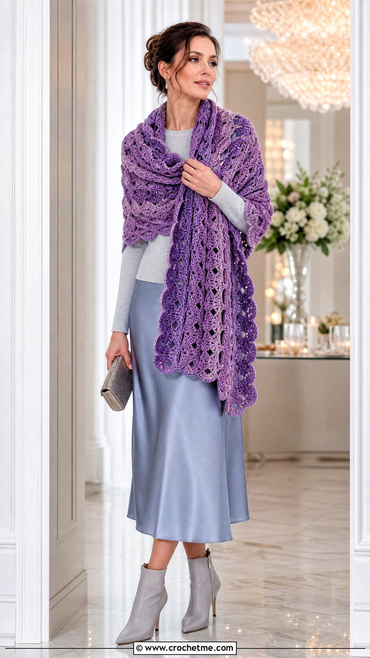 Shell Stitch Crochet Blanket Scarf With Satin Skirt - 35 crochet blanket scarf outfit ideas