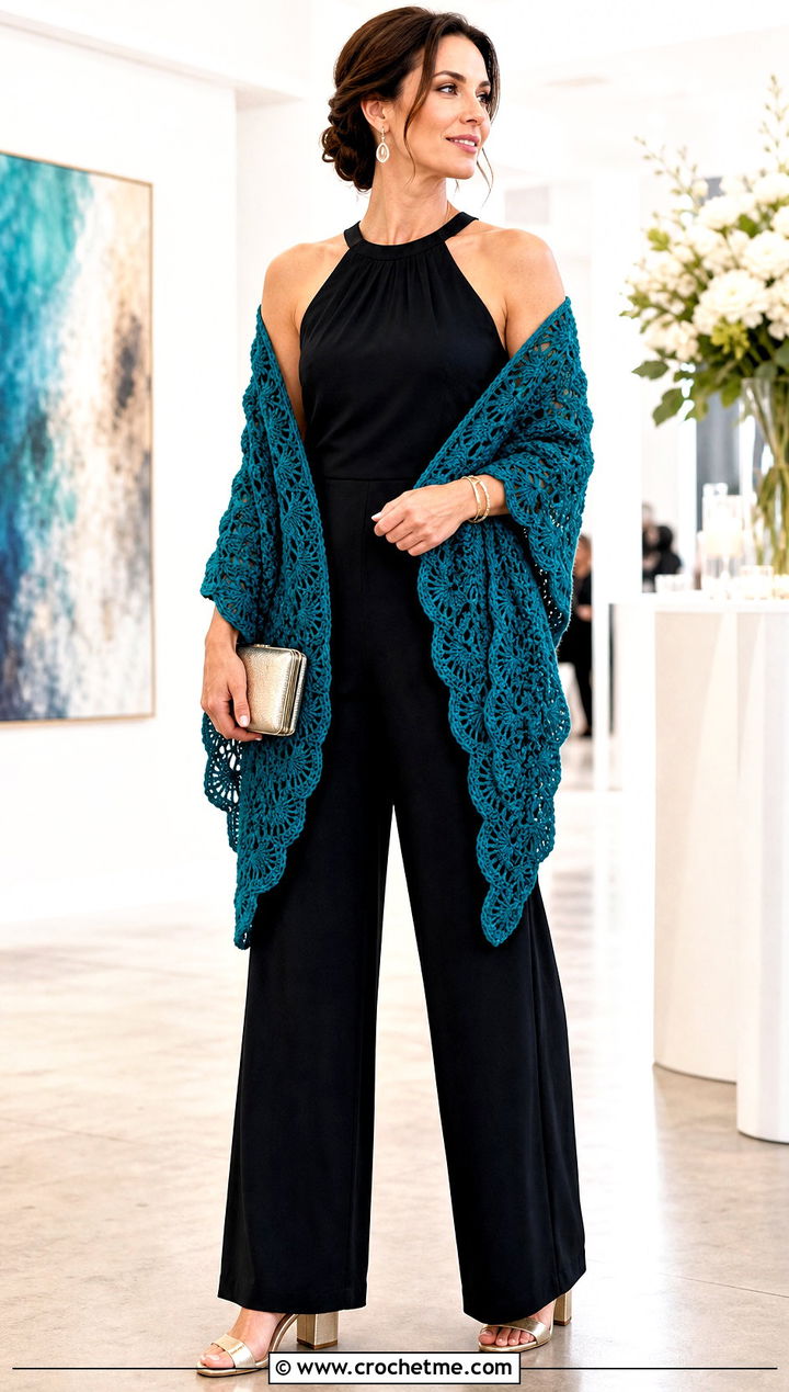 Shell Stitch Crochet Blanket Shawl With Wide Leg Jumpsuit - 30 crochet blanket shawl outfit ideas