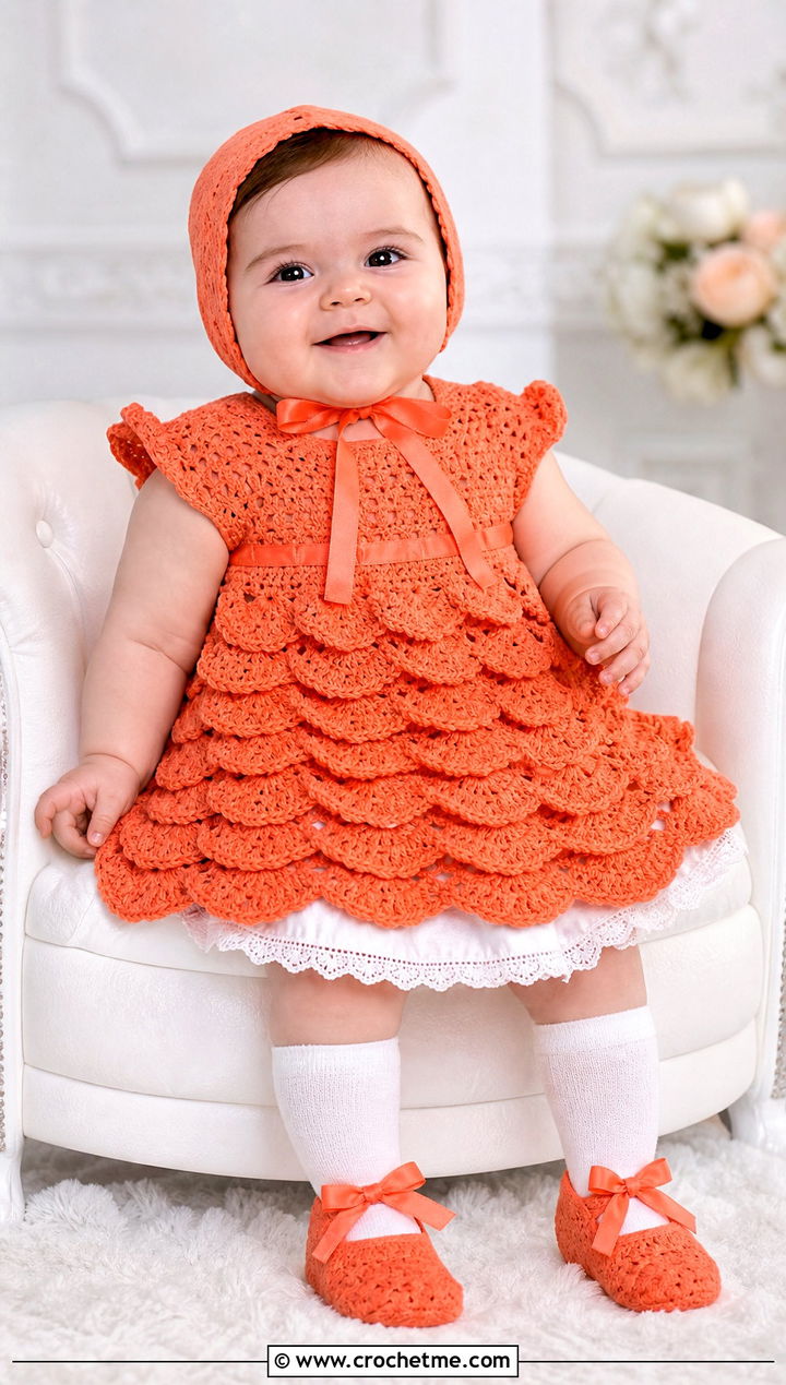 Shell Stitch Crochet Blessing Dress With Bow Shoes - 15 Crochet Blessing Dress outfit ideas