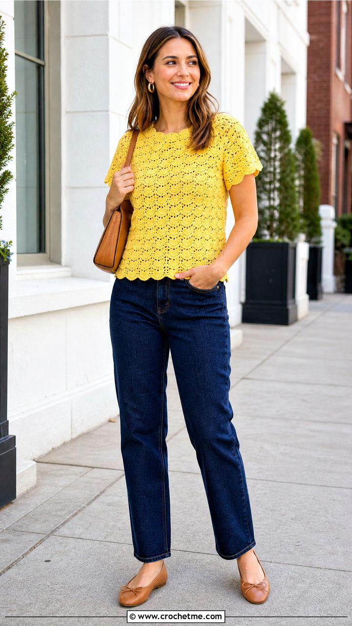 Shell Stitch Crochet Blouse With Straight Leg Jeans - 35 crochet blouse outfit ideas