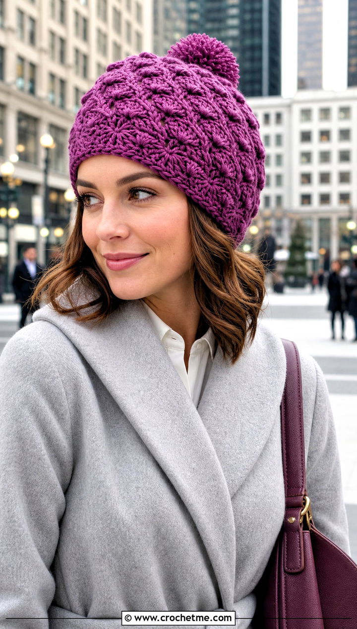 Shell Stitch Crochet Bobble Hat With Wrap Coat - 30 crochet bobble hat outfit ideas