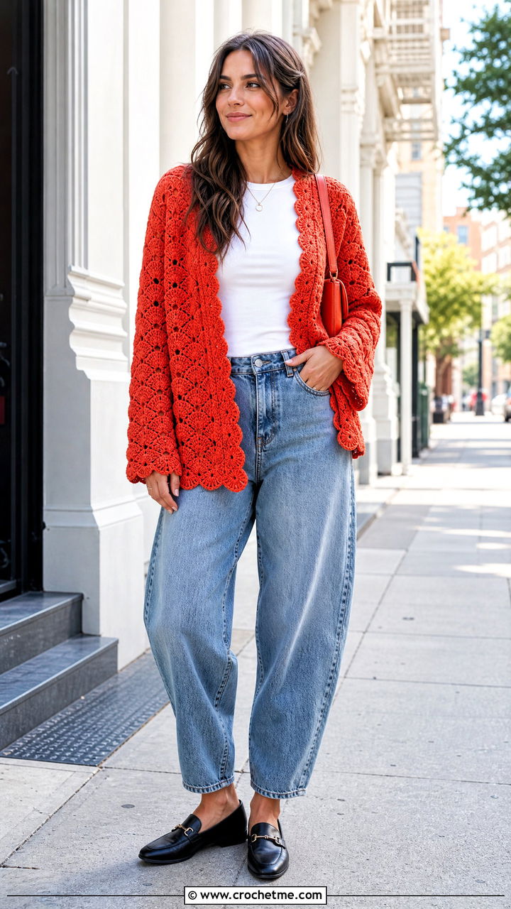 Shell Stitch Crochet Boho Cardigan With Barrel Jeans - 35 crochet boho cardigan outfit ideas