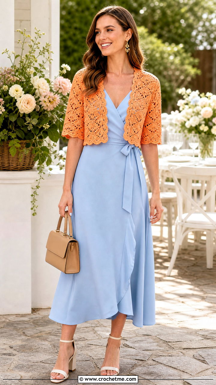 Shell Stitch Crochet Bolero Shrug With Wrap Dress - 35 crochet bolero shrug outfit ideas