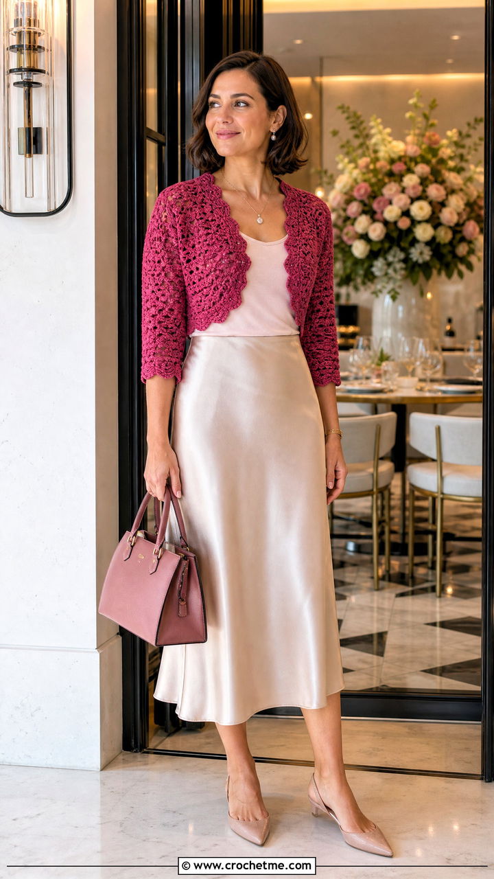 Shell Stitch Crochet Bolero With Satin Midi Skirt - 35 crochet shrug bolero outfit ideas