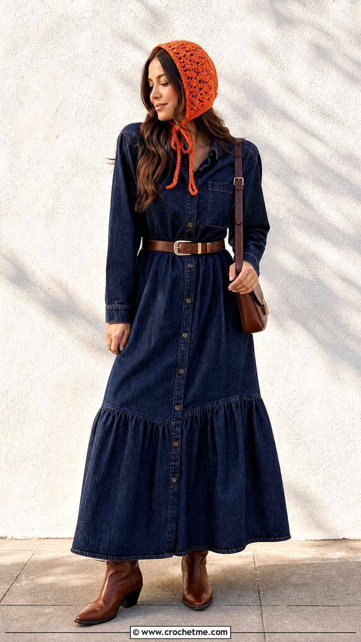 Shell Stitch Crochet Bonnet With Denim Maxi Dress - 35 crochet bonnets outfit ideas