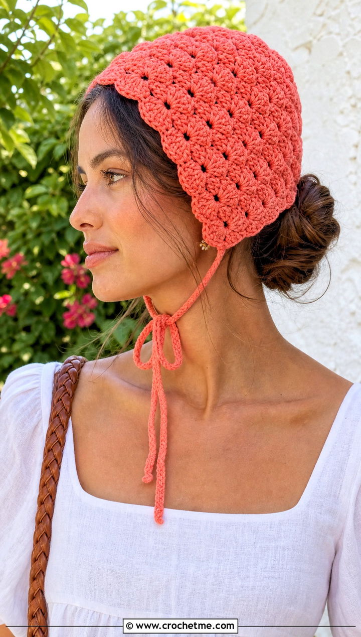 Shell Stitch Crochet Bonnet With Linen Dress - 25 Easy Crochet Bonnet outfit ideas