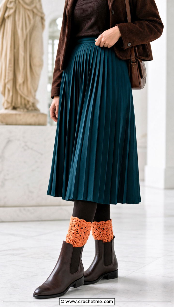 Shell Stitch Crochet Boot Cuffs With Pleated Skirt and Chelsea Boots - 30 crochet boot cuff outfit ideas