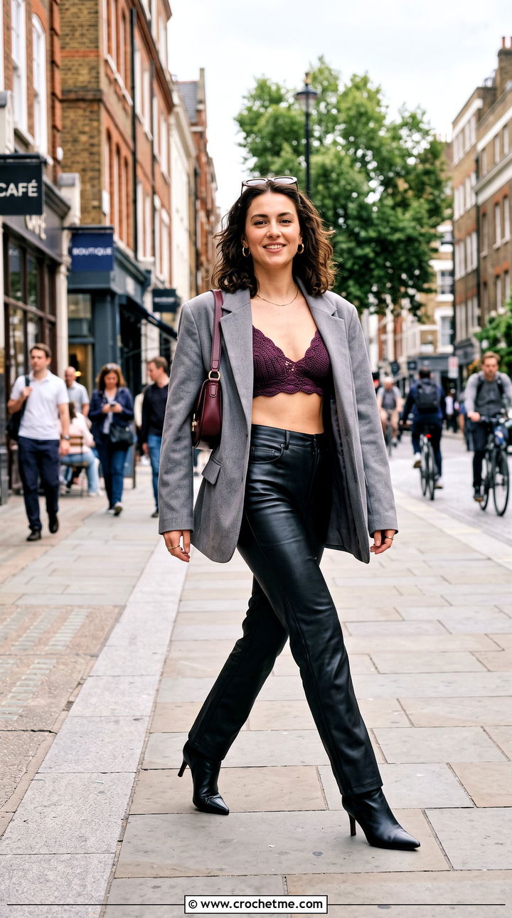 Shell Stitch Crochet Bra With Leather Pants - 35 crochet bra outfit ideas
