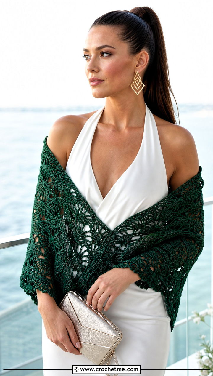 Shell Stitch Crochet Bridal Shawl With Halter Wedding Dress - 25 Crochet Bridal Shawl outfit ideas