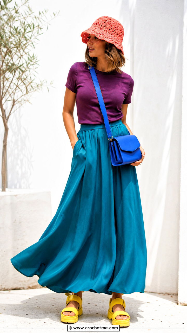 Shell Stitch Crochet Bucket Hat With Maxi Skirt - 35 crochet bucket hat outfit ideas