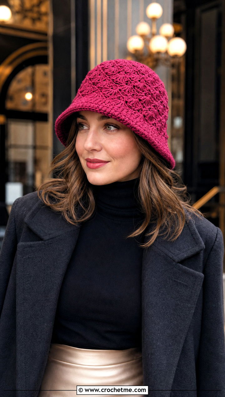 Shell Stitch Crochet Bucket Hat With Satin Skirt - 35 crochet winter bucket hat outfit ideas