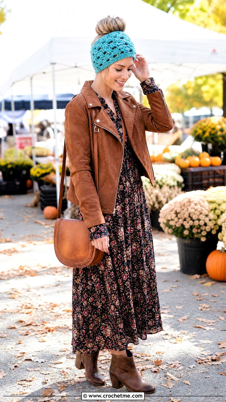 Shell Stitch Crochet Bun Hat With Floral Maxi Dress - 35 crochet bun hat outfit ideas