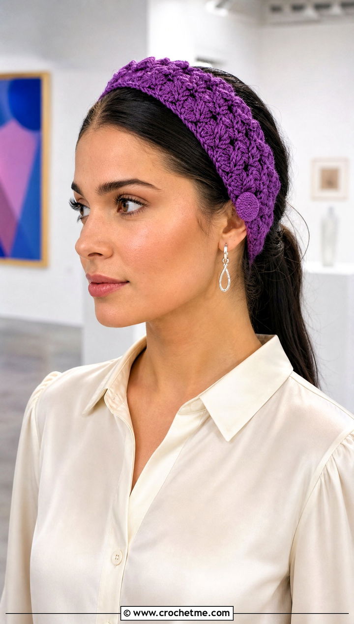 Shell Stitch Crochet Button Headband With Satin Separates - 15 Crochet Button Headband outfit ideas