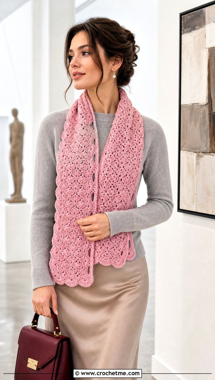 Shell Stitch Crochet Button Hole Scarf With Satin Midi Skirt - 15 Crochet Button Hole Scarf outfit ideas