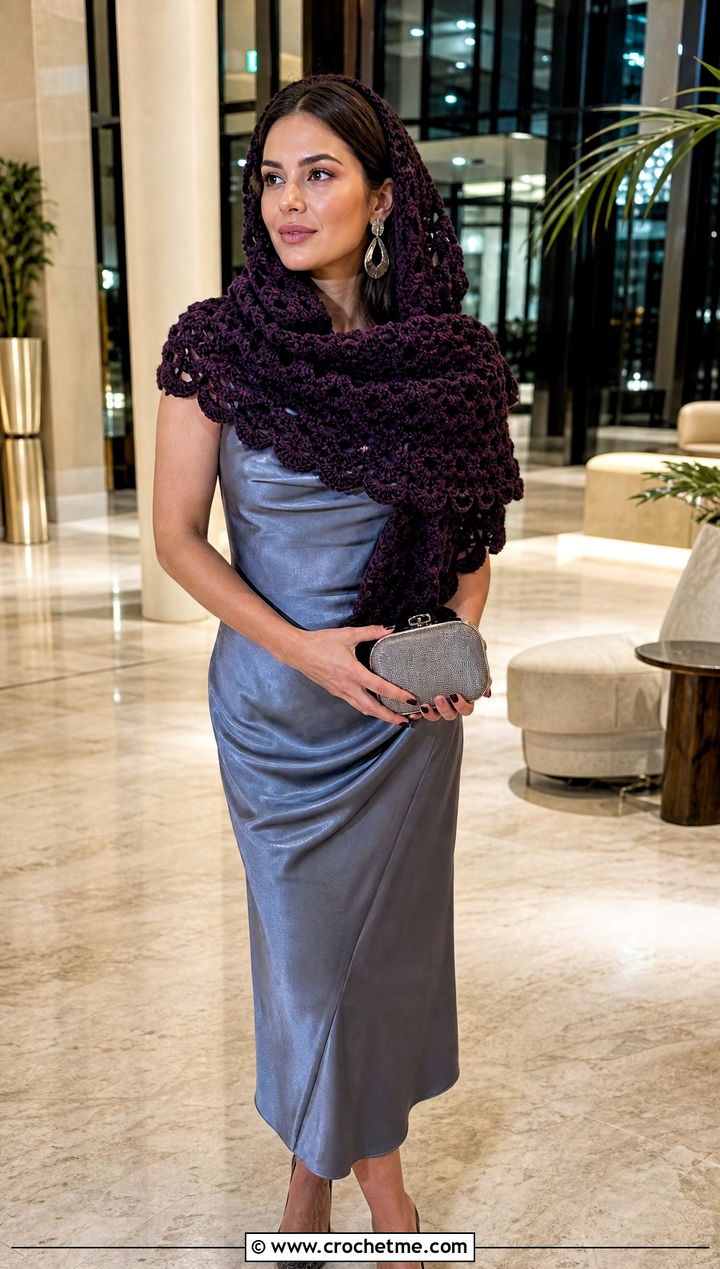 Shell Stitch Crochet Cap Scarf With Satin Dress - 25 Crochet Cap Scarf outfit ideas