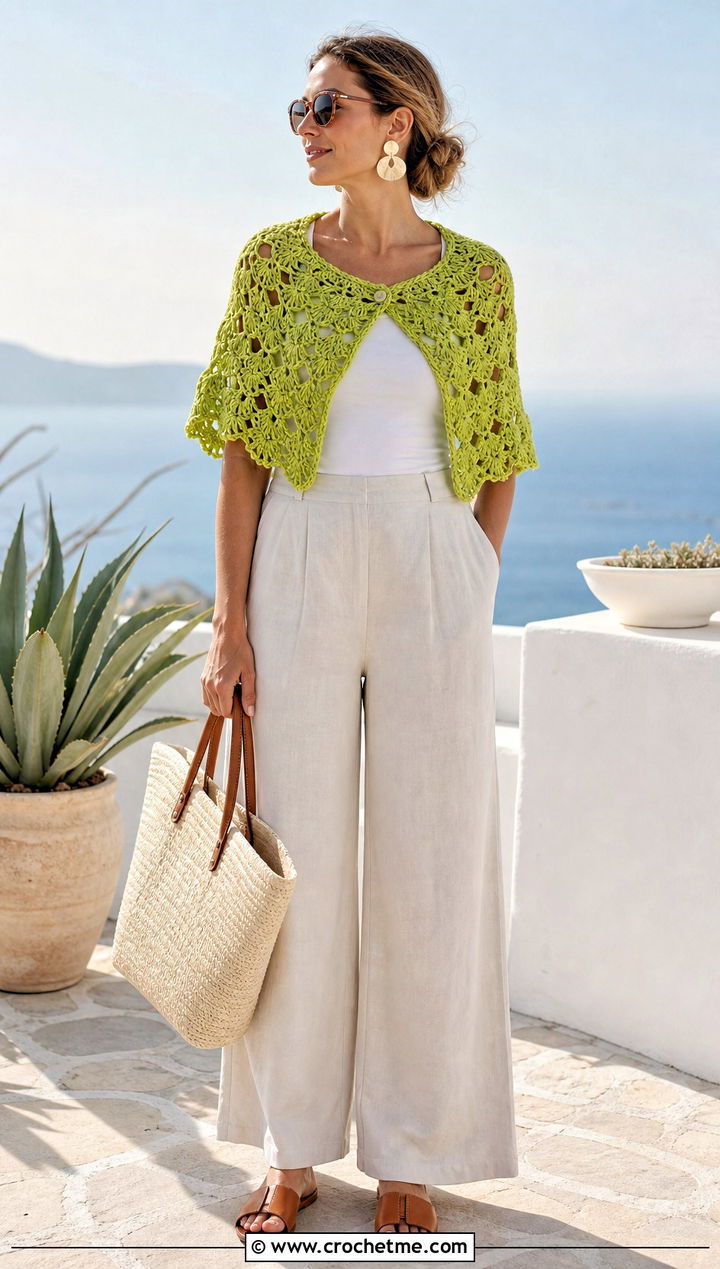 Shell Stitch Crochet Capelet Shawl With Linen Pants - 30 crochet caplet shawl outfit ideas