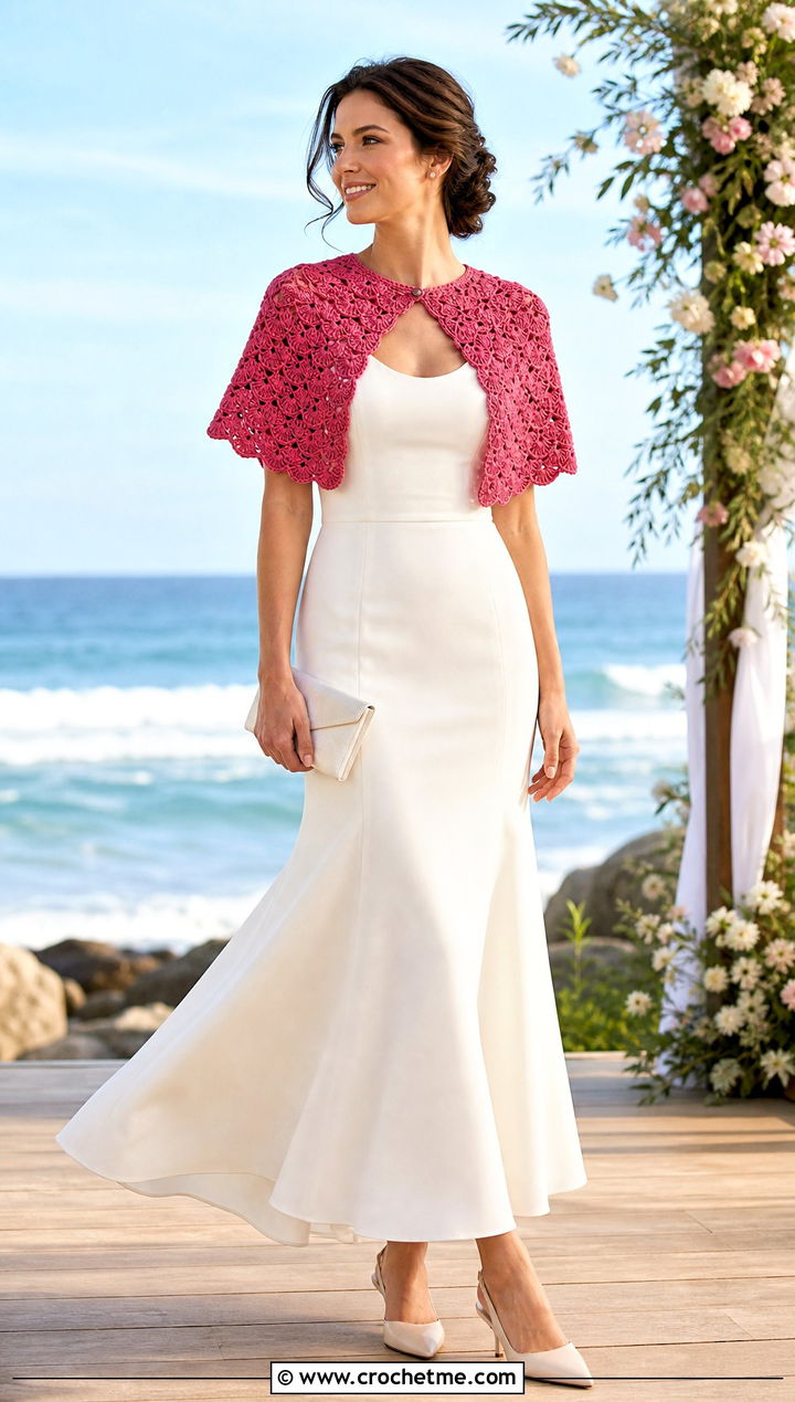 Shell Stitch Crochet Capelet With Fit And Flare Dress - 25 Crochet Wedding Cape outfit ideas