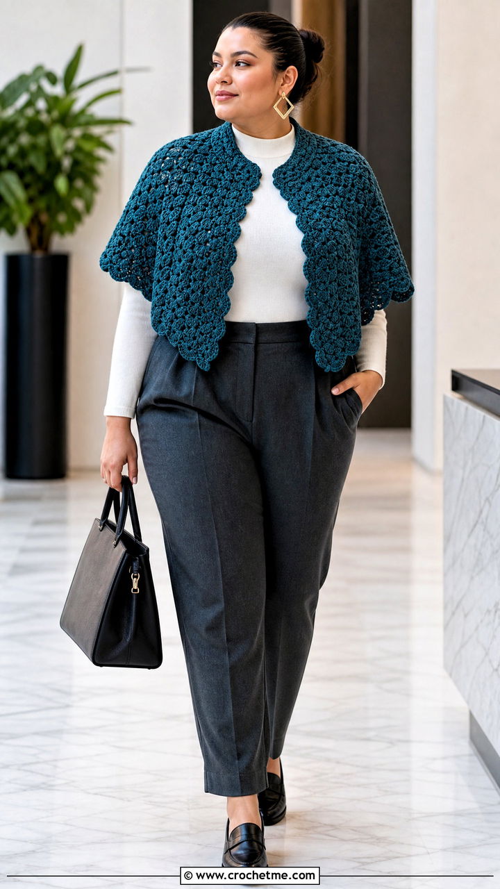 Shell Stitch Crochet Capelet With Tailored Trousers - 35 crochet capelet outfit ideas