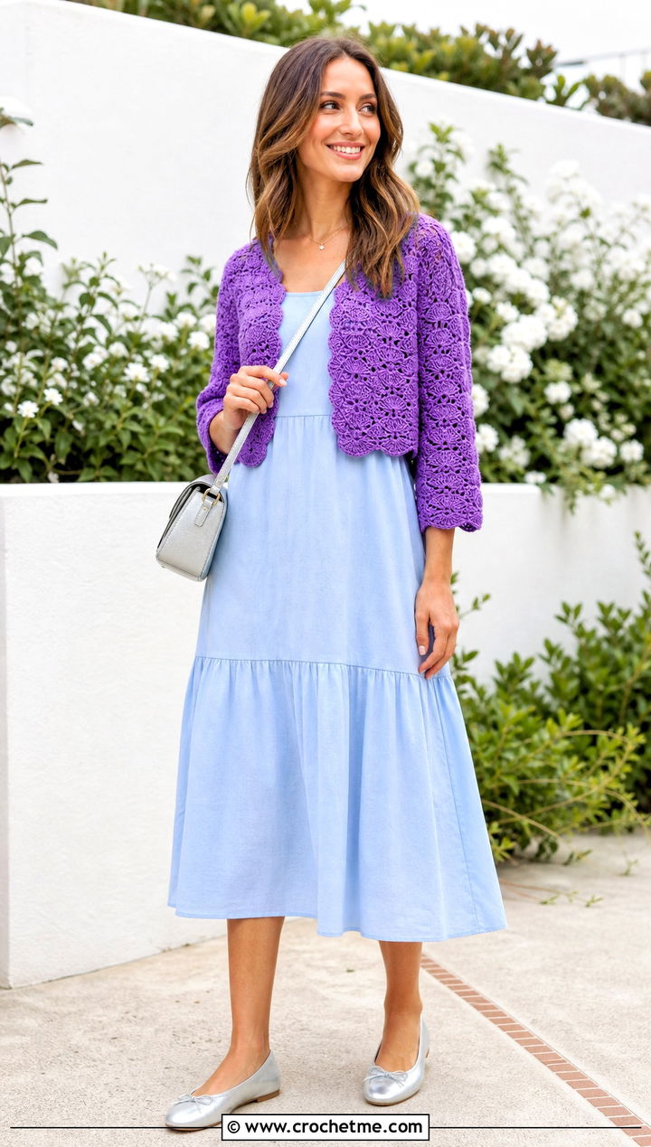 Shell Stitch Crochet Cardigan With Midi Dress - 15 Lacey Crochet Cardigan outfit ideas