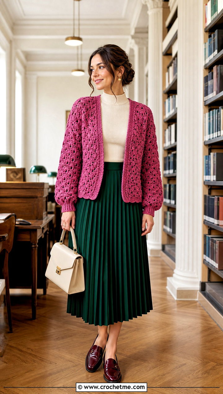 Shell Stitch Crochet Cardigan With Pleated Skirt - 30 long crochet cardigan outfit ideas