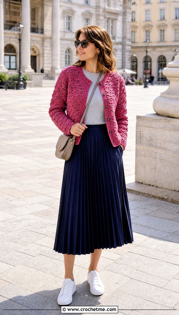 Shell Stitch Crochet Cardigan With Pleated Skirt - 30 crochet spring cardigan outfit ideas