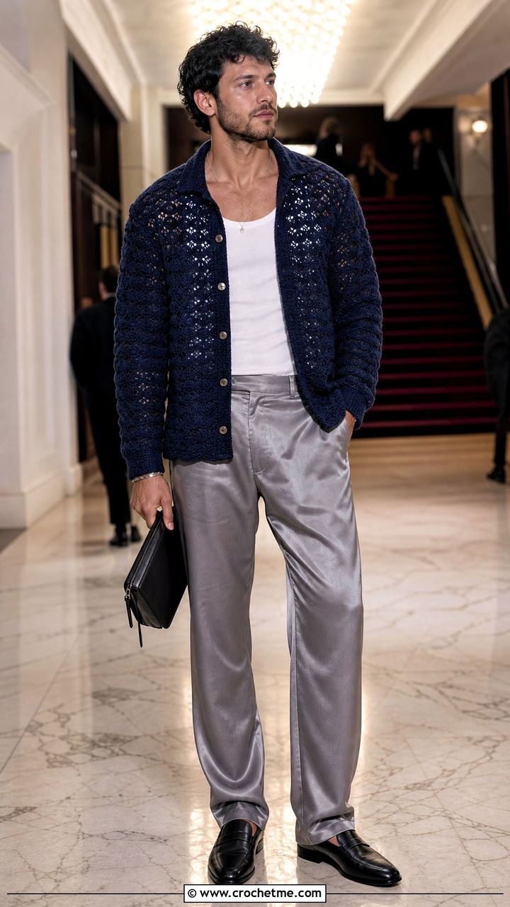 Shell Stitch Crochet Cardigan With Satin Trousers - 35 crochet cardigan men outfit ideas