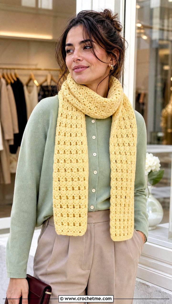 Shell Stitch Crochet Cashmere Scarf With Cardigan And Trousers - 25 crochet cashmere scarf outfit ideas