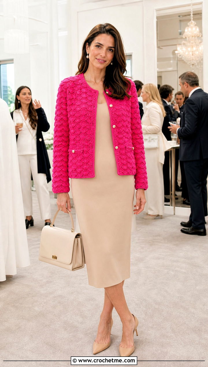 Shell Stitch Crochet Chanel Jacket With Column Dress - 30 crochet chanel jacket outfit ideas