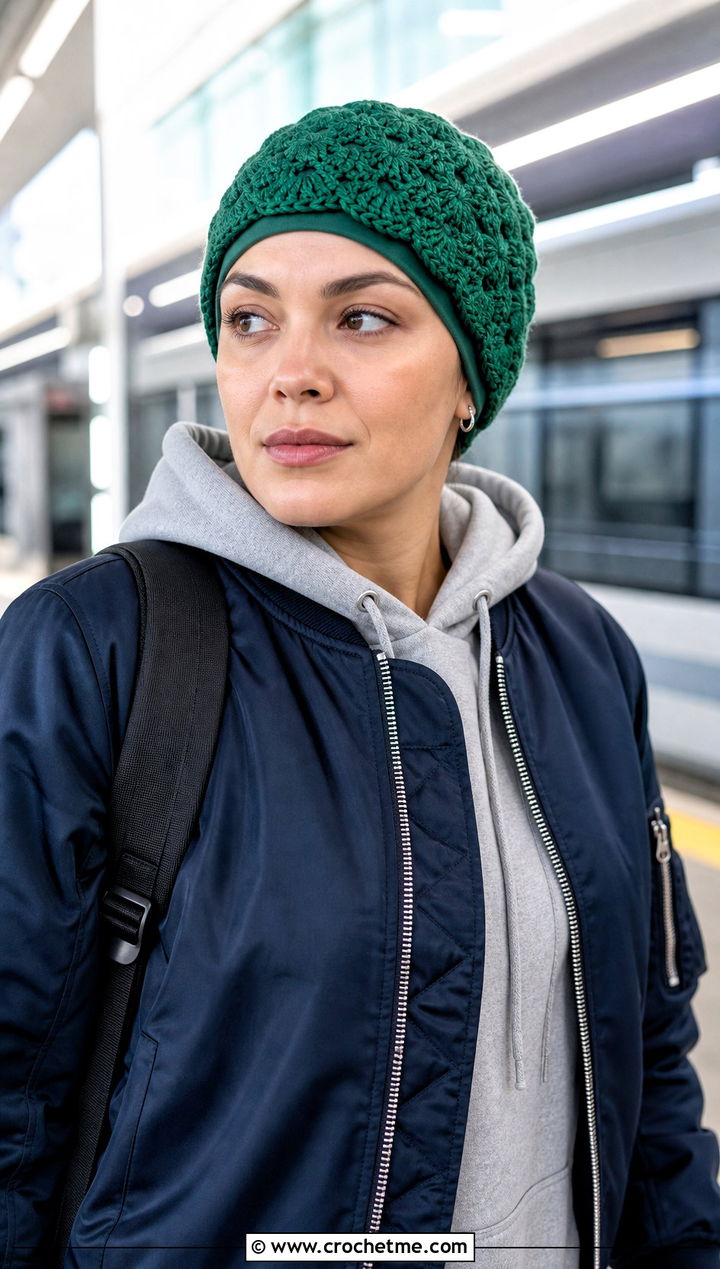 Shell Stitch Crochet Chemo Cap With Bomber Jacket - 30 crochet chemo hat outfit ideas