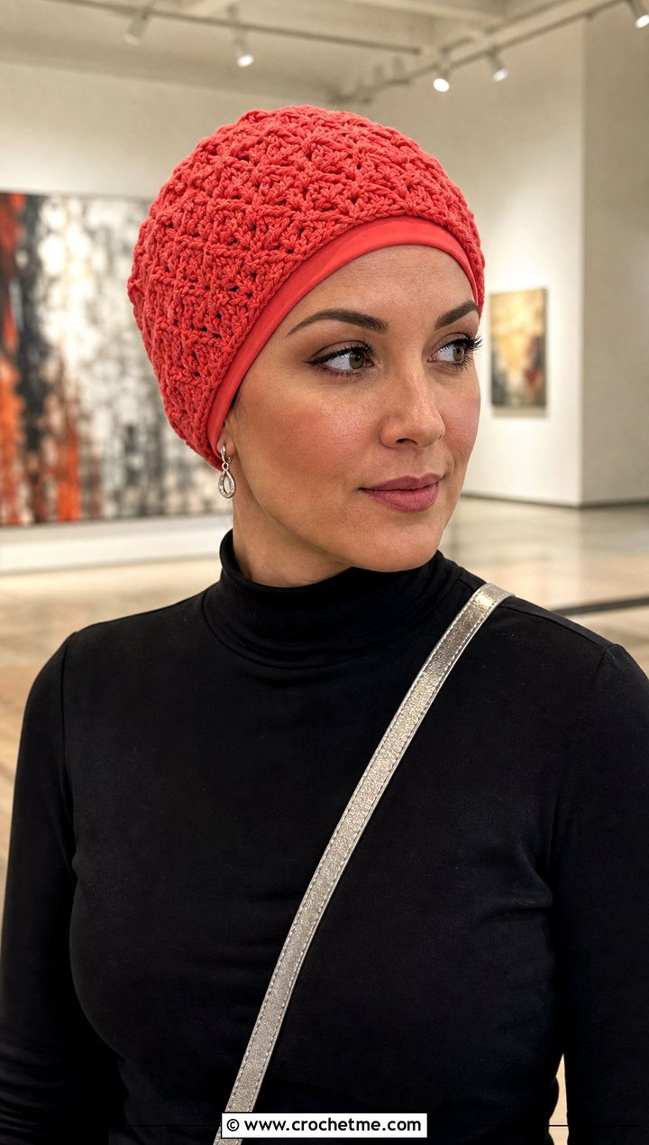 Shell Stitch Crochet Chemo Cap With Monochrome Outfit - 20 Easy Crochet Chemo Hats outfit ideas