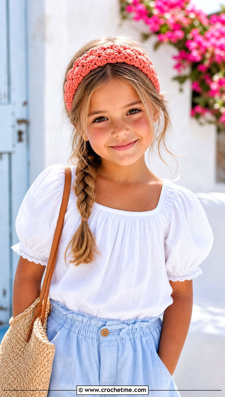 Shell Stitch Crochet Child Headband With Linen Shorts - 20 Crochet Childs Headband outfit ideas