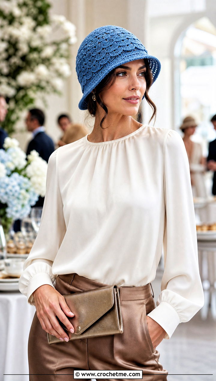 Shell Stitch Crochet Cloche Hat With Satin Trousers - 25 flapper style crochet cloche hat outfit ideas