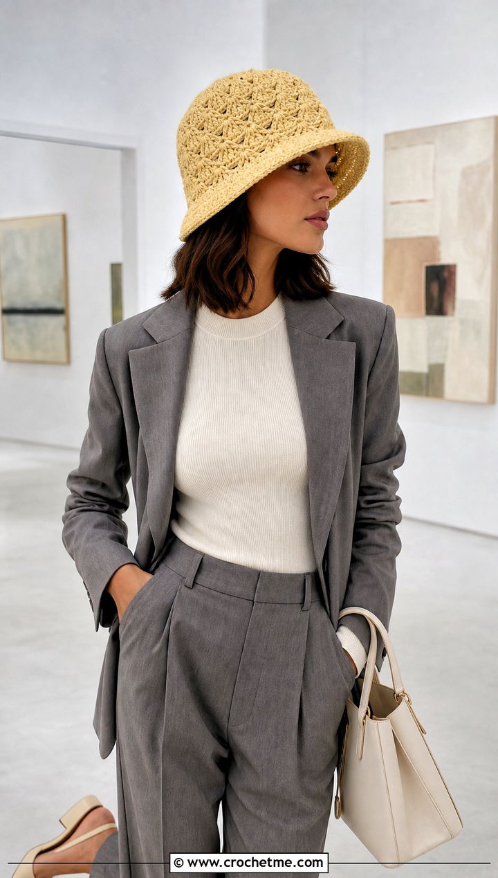 Shell Stitch Crochet Cloche Hat With Tailored Trousers - 20 Fancy Crochet Hat outfit ideas