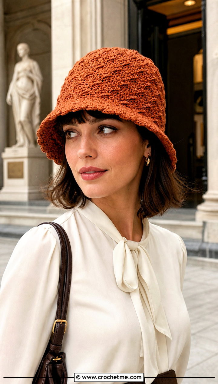 Shell Stitch Crochet Cloche With Blouse And A Line Skirt - 30 beginner crochet hat outfit ideas