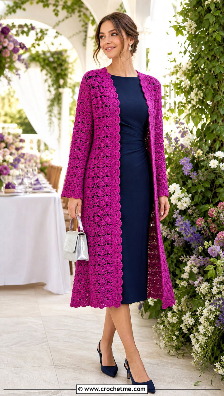 Shell Stitch Crochet Coat With Midi Dress - 35 crochet long coat outfit ideas