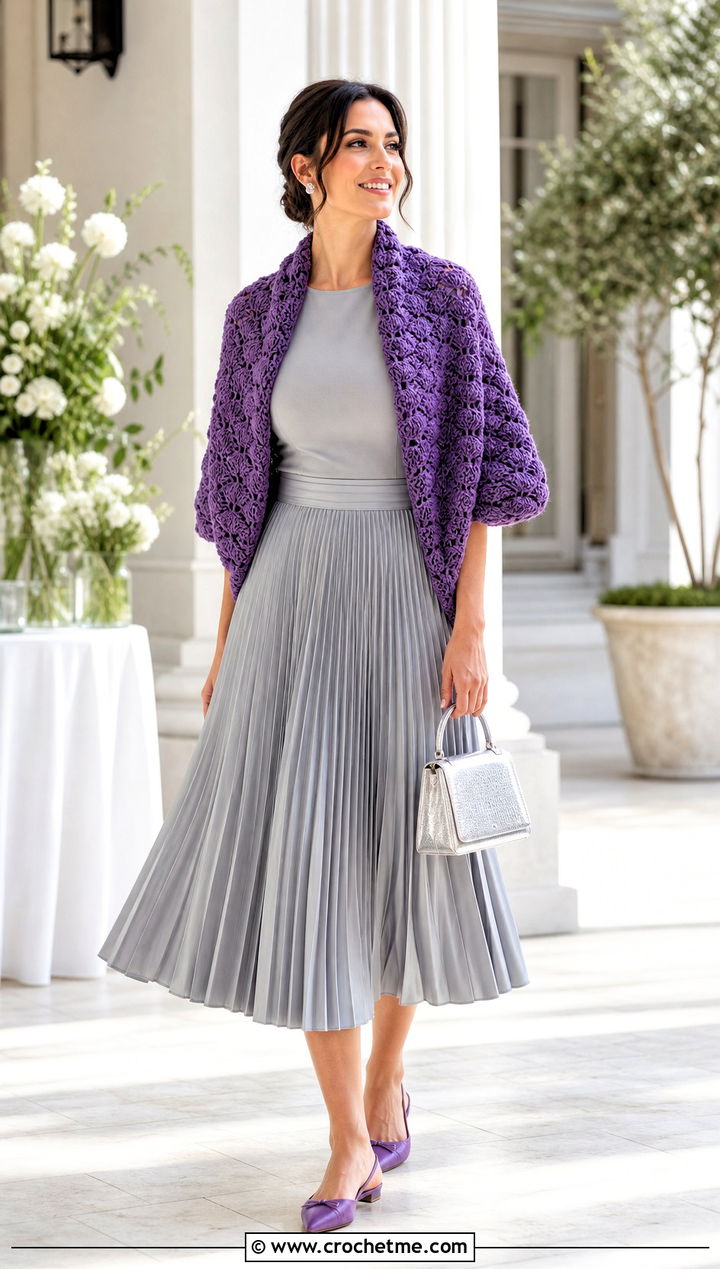 Shell Stitch Crochet Cocoon Shrug With Pleated Skirt - 30 crochet cocoon shrug outfit ideas