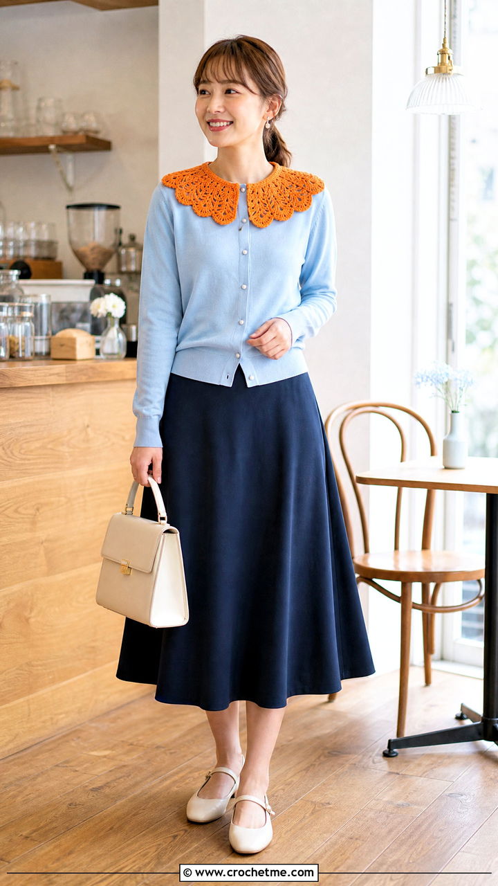 Shell Stitch Crochet Collar With Cardigan And A Line Skirt - 35 crochet collar outfit ideas