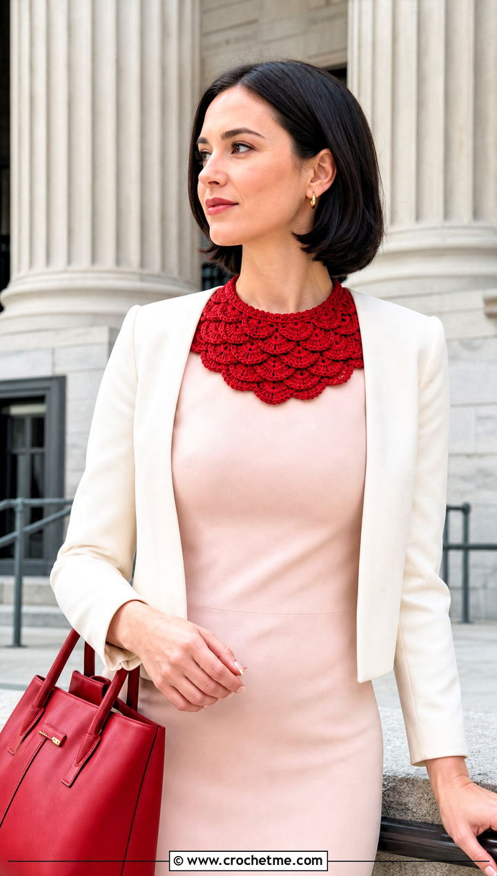 Shell Stitch Crochet Collar With Courthouse Sheath Dress - 15 Wedding Necklace Crochet Collar Choker outfit ideas