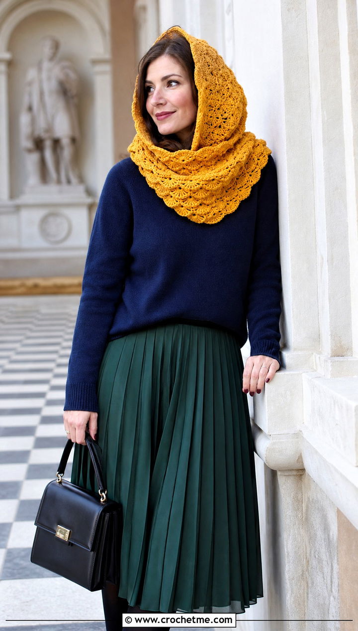 Shell Stitch Crochet Cowl Hood With Pleated Skirt - 25 crochet cowl hood outfit ideas